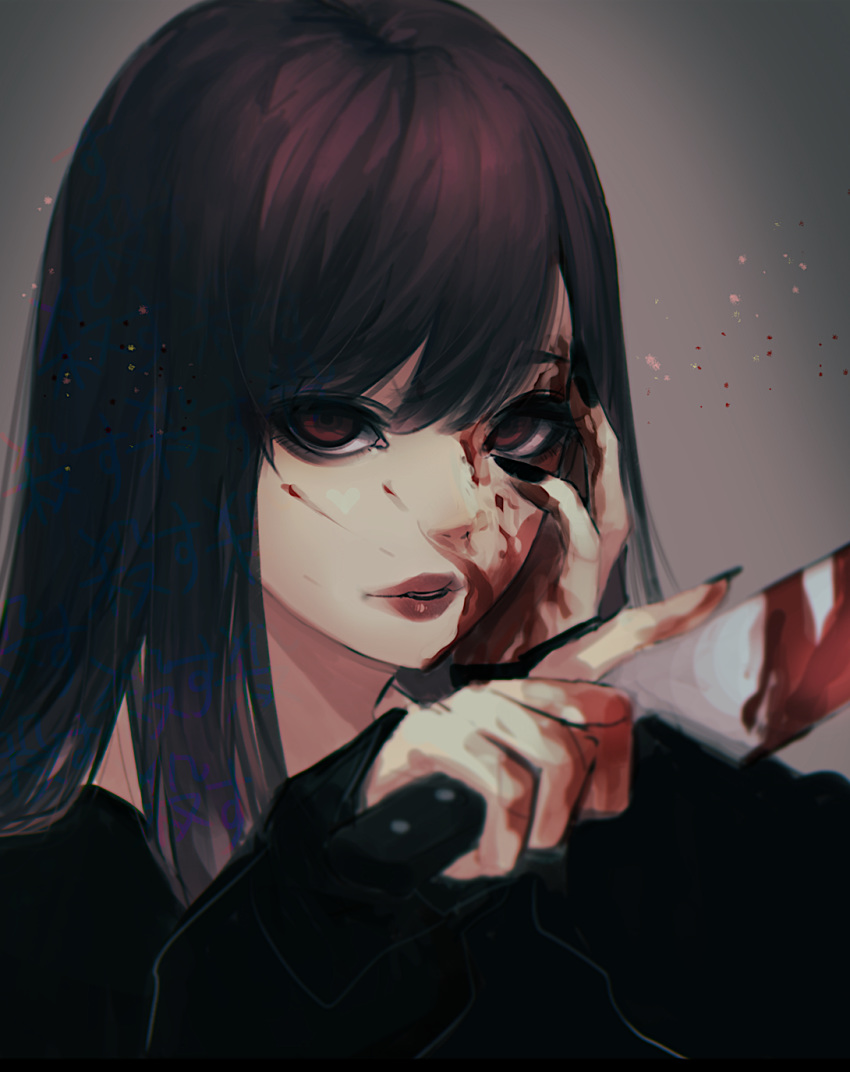 1girl, black_nails, black_shirt, blood, blood_on_face, bloody_knife, brown_hair, close-up