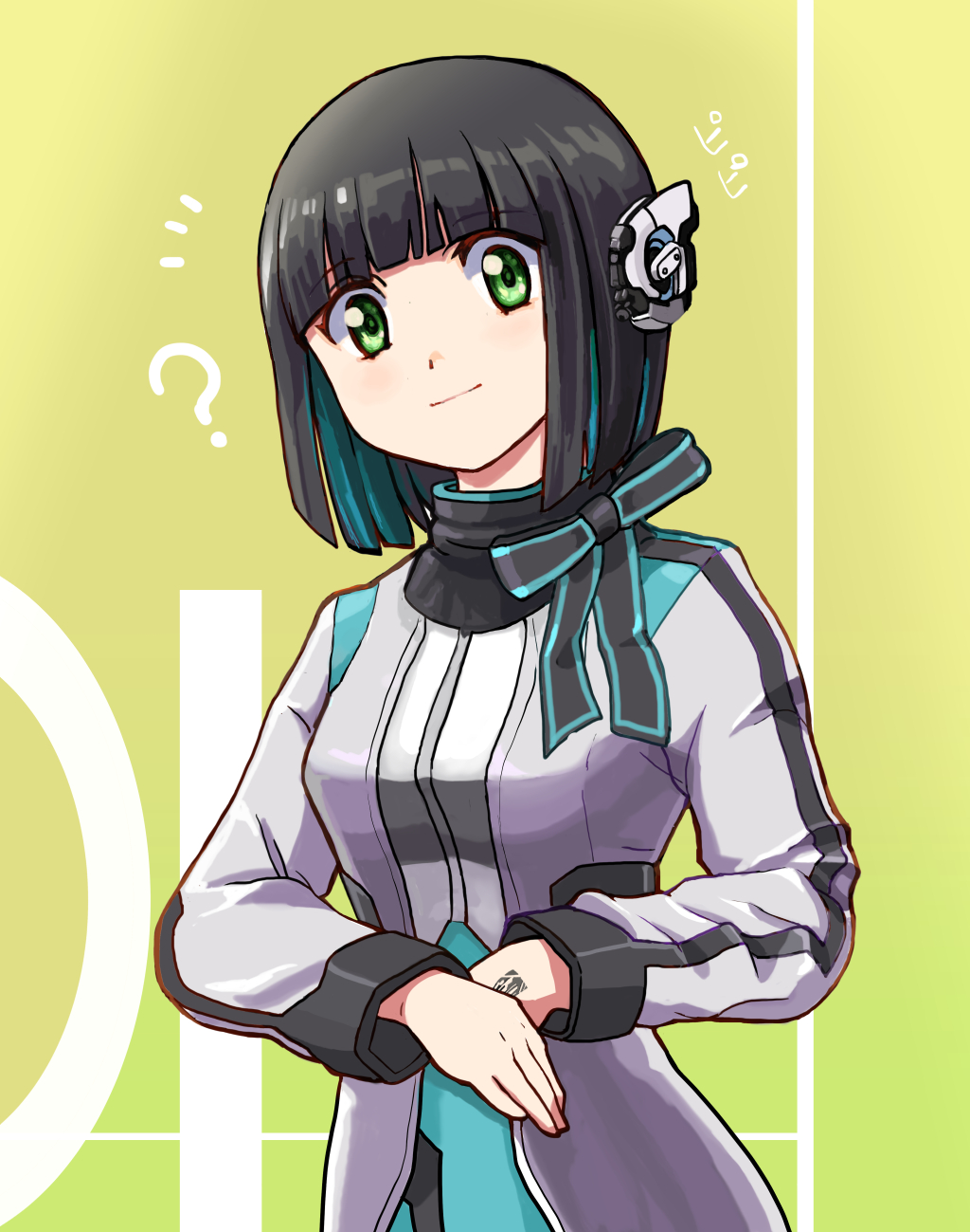 1girl, ?, bangs, bow, bowtie, eyebrows_visible_through_hair, green_eyes, highres