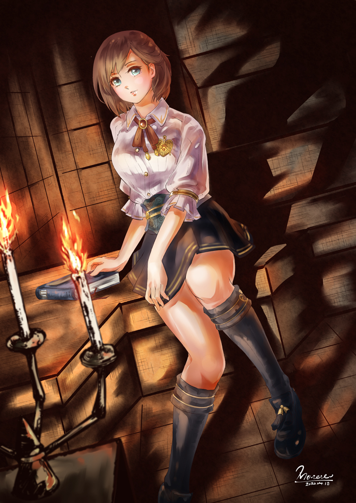 1girl, blue_eyes, bob_cut, book, brown_hair, candle, candlelight, commentary