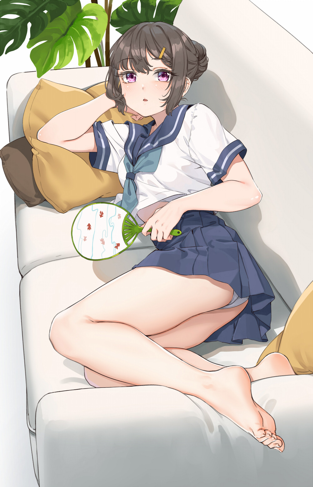 1girl, :o, arm_support, bangs, barefoot, blue_neckwear, blue_sailor_collar, blue_skirt
