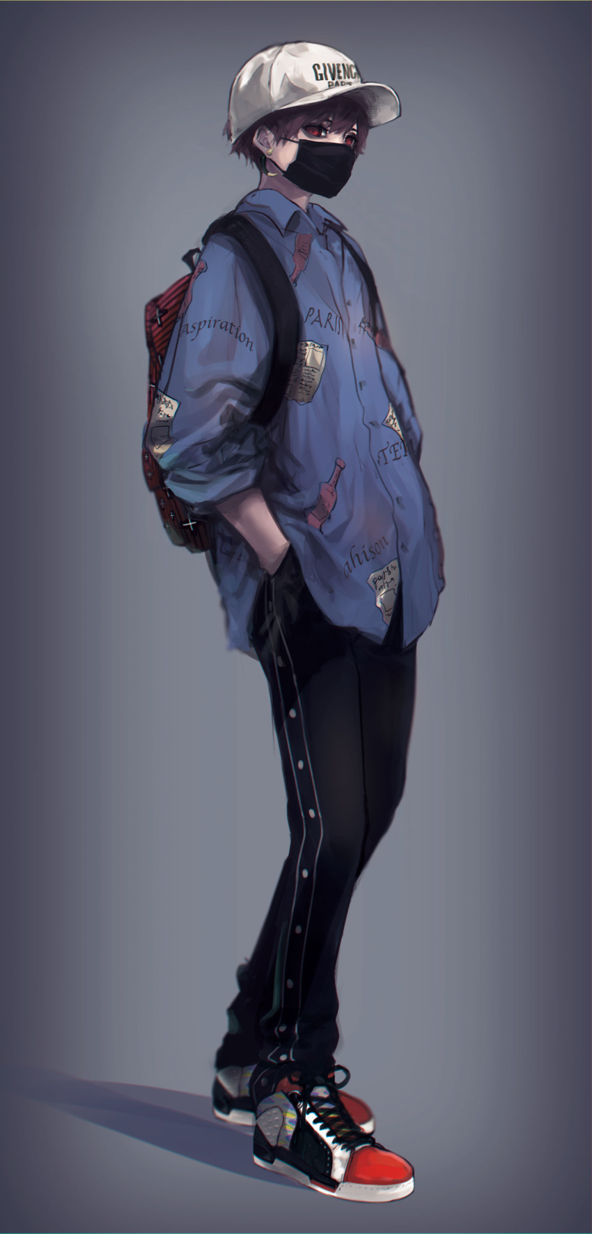 1boy, absurdres, backpack, bag, baseball_cap, black_pants, blue_shirt, brown_hair, covered_mouth, earrings, full_body, givenchy, grey_background, hat, highres, jewelry, looking_down, louboutin_(shoes), mask, mouth_mask, original, pants, rakugaki_suruhito, red_eyes, shirt, solo, white_headwear