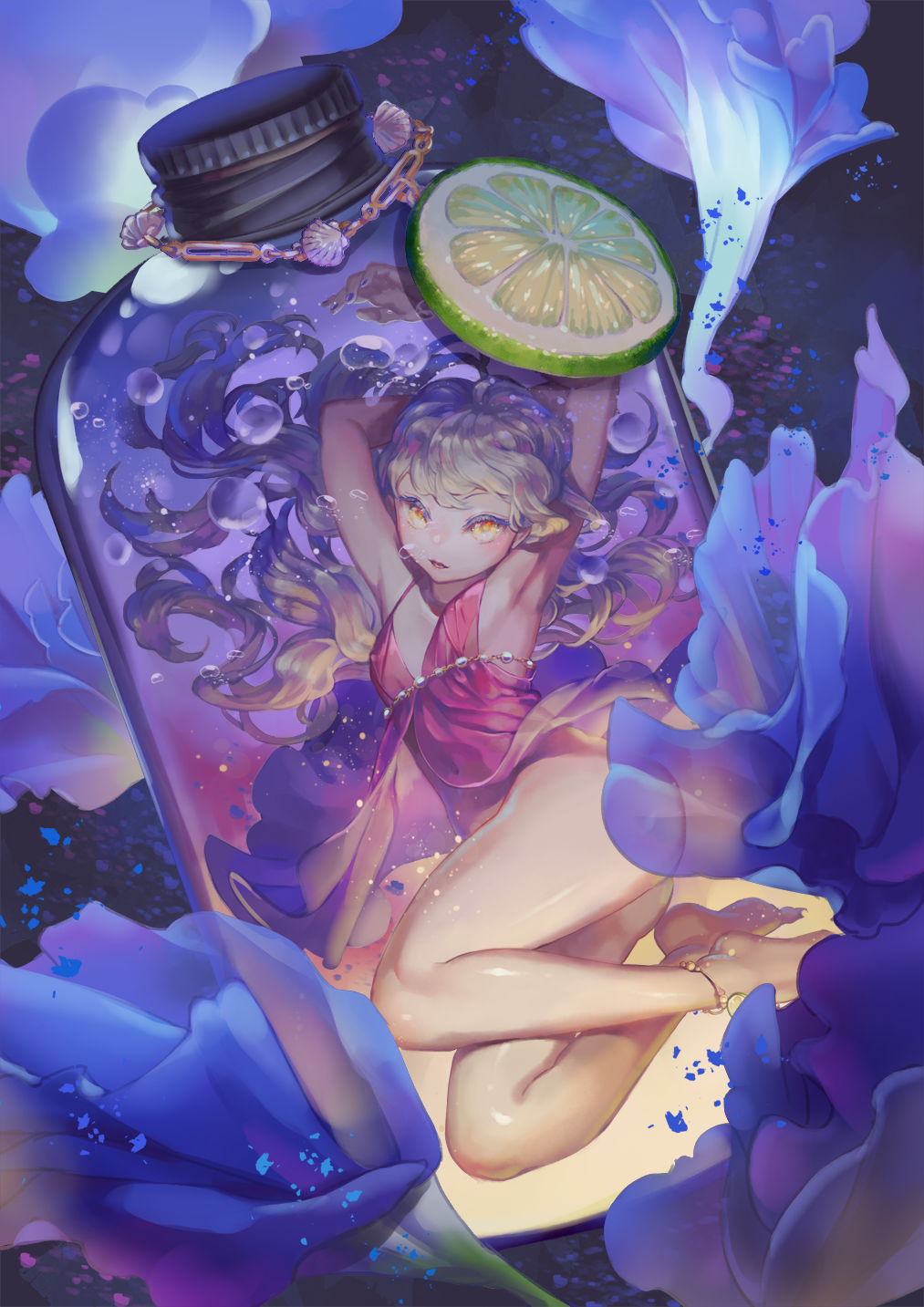 1girl, anklet, arms_up, ass, barefoot, bottle, breasts, full_body