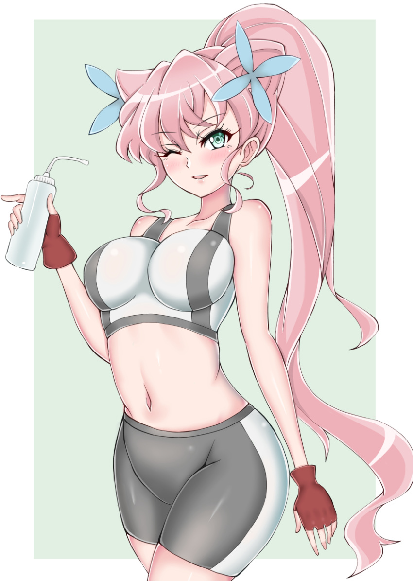 1girl, absurdres, aqua_eyes, bike_shorts, blush, bottle, breasts, eyebrows_visible_through_hair, fingerless_gloves, freedom, gloves, hair_ears, highres, holding, holding_bottle, long_hair, long_ponytail, looking_at_viewer, maria_cadenzavna_eve, medium_breasts, midriff, navel, one_eye_closed, open_mouth, pink_hair, red_gloves, senki_zesshou_symphogear, solo, tied_hair