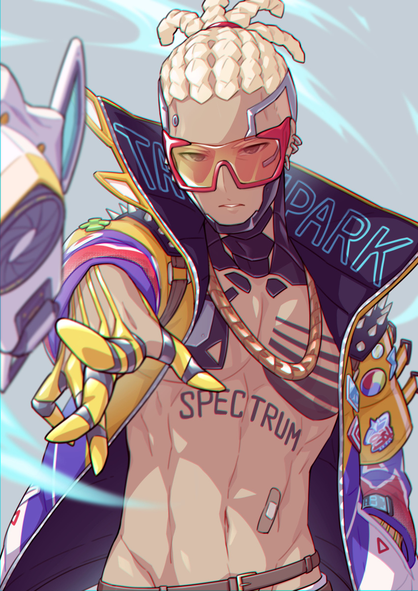 1boy, absurdres, bandaid, bare_chest, belt, black_eyes, blonde_hair, clover, dark_skin, dark_skinned_male, earrings, english_text, four-leaf_clover, glasses, hand_in_pocket, highres, jacket, jackets, jewelry, male_focus, navel, necklace, original, parted_lips, robot, solo, spikes, tattoo, tewo_(tewowet)