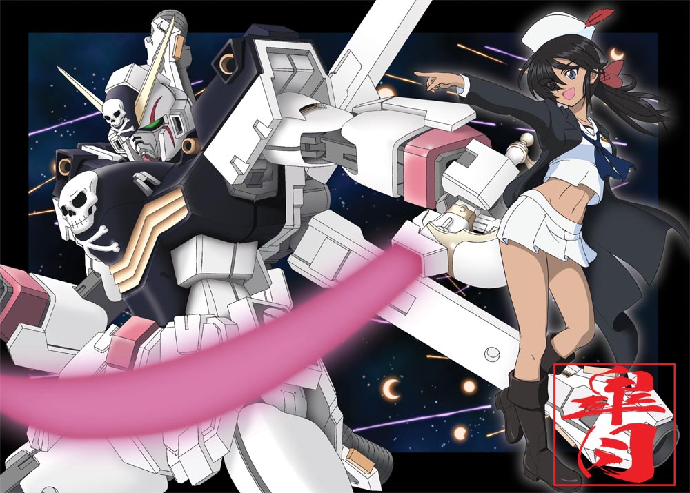 1girl, artist_logo, ayakaze_satsuki, bangs, beam_saber, black_border, black_coat, black_eyes, black_footwear, black_hair, blouse, boots, border, bow, coat, commentary_request, crossbone_gundam_x-1, crossover, dark_skin, dixie_cup_hat, energy_sword, eyebrows_visible_through_hair, eyes_visible_through_hair, girls_und_panzer, gundam, hair_bow, hair_over_one_eye, hat, hat_feather, knee_boots, long_coat, long_hair, long_sleeves, mecha, midriff, military_hat, miniskirt, navel, navy_blue_neckwear, neckerchief, ogin_(girls_und_panzer), ooarai_naval_school_uniform, open_clothes, open_coat, open_mouth, partial_commentary, pipe, pirate, pleated_skirt, pointing, ponytail, red_bow, sailor, sailor_collar, school_uniform, skirt, skull_and_crossbones, smile, solo, space, standing, standing_on_one_leg, sword, weapon, white_blouse, white_headwear, white_skirt