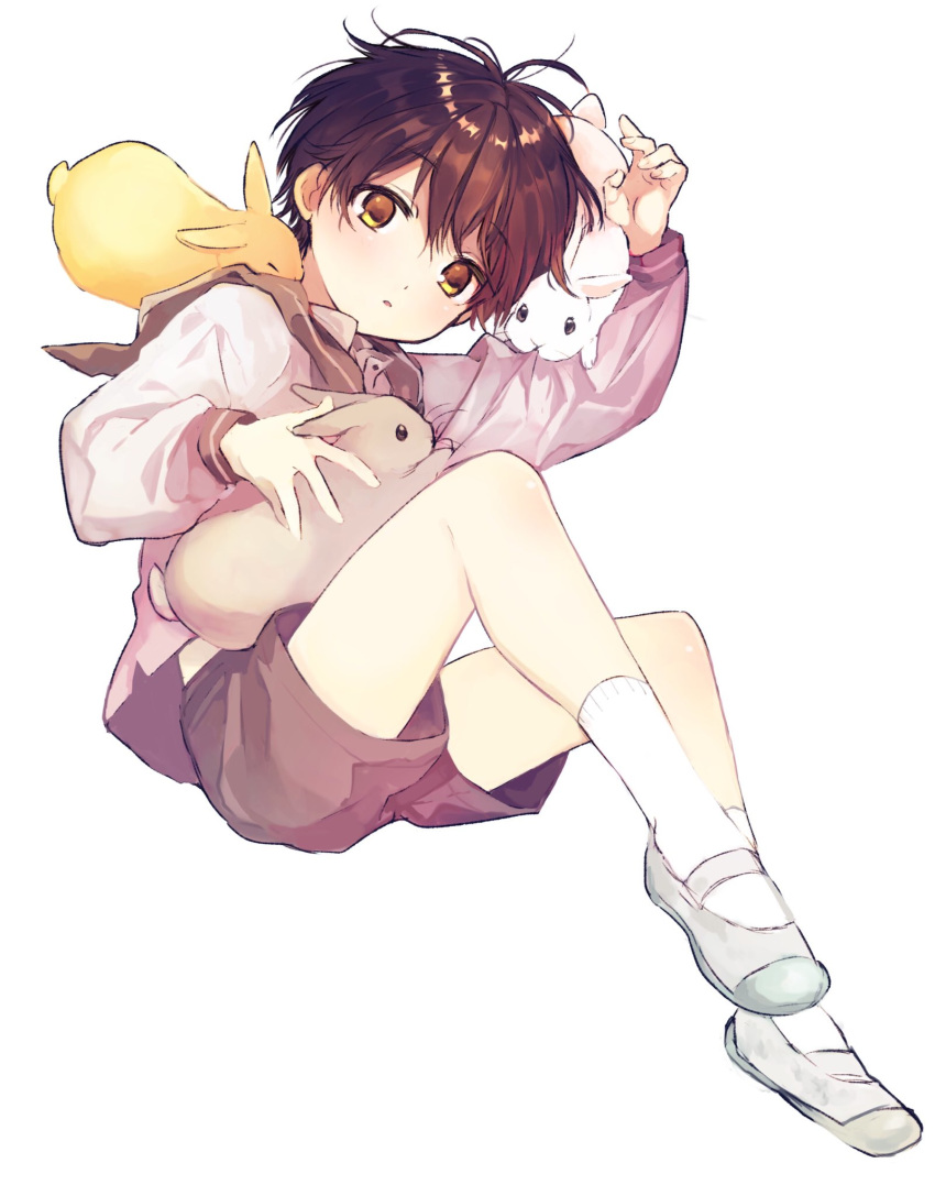1boy, black_hair, full_body, highres, male_focus, original, rabbit, sailor_collar