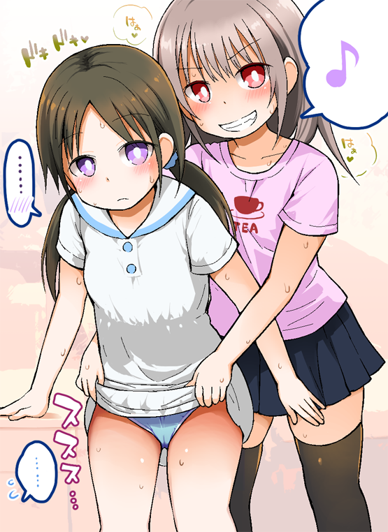 ..., 2girls, bangs, black_legwear, black_skirt, blue_panties, blush, brown_hair