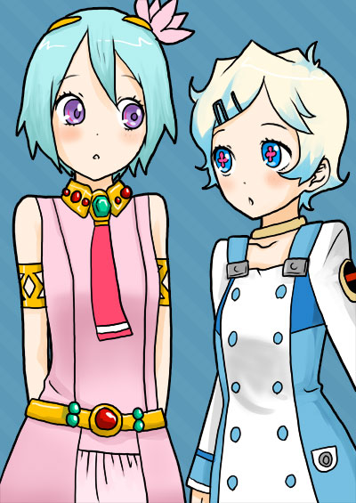 aqua_hair, bad_id, blue_eyes, blush, cosplay, costume_switch, crossover, eureka, eureka_(cosplay), eureka_7, eureka_seven, eureka_seven_(series), hair_ornament, hairclip, hntk, look-alike, multiple_girls, nia_teppelin, nia_teppelin_(cosplay), purple_eyes, short_hair, tengen_toppa_gurren_lagann, violet_eyes
