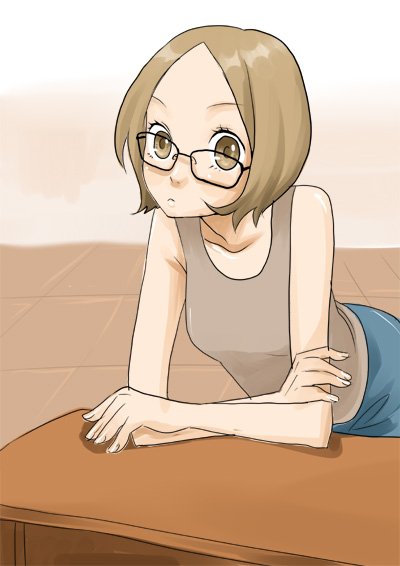 bent_over, brown_eyes, brown_hair, glasses, hntk, short_hair