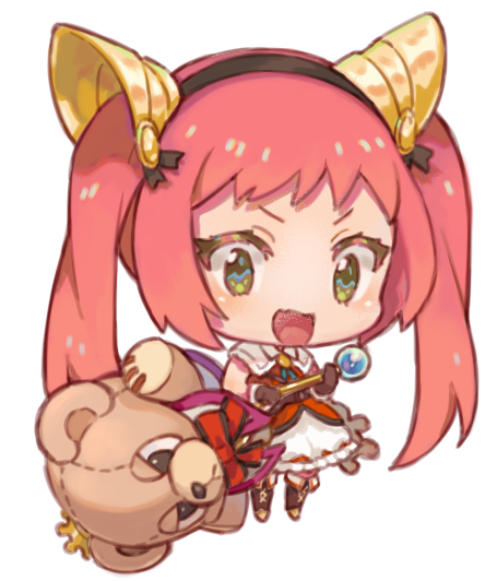 1girl, :d, amana_(pocketkey), black_gloves, black_hairband, boots, brown_footwear, chibi