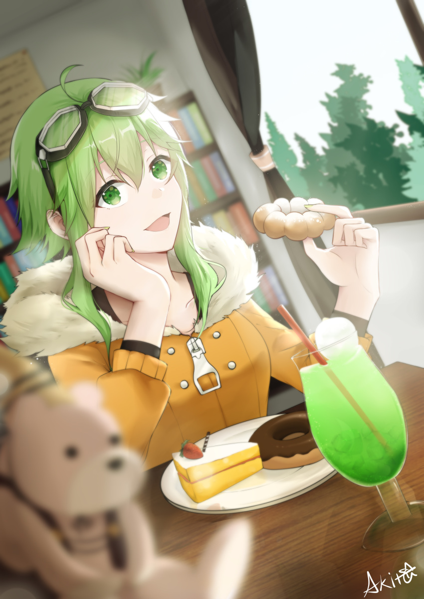 1girl, absurdres, blurry_foreground, bookshelf, cake, commentary, doughnut, drink