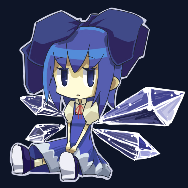 bad_id, blue_eyes, blue_hair, bored, bow, chibi, cirno, flat_gaze