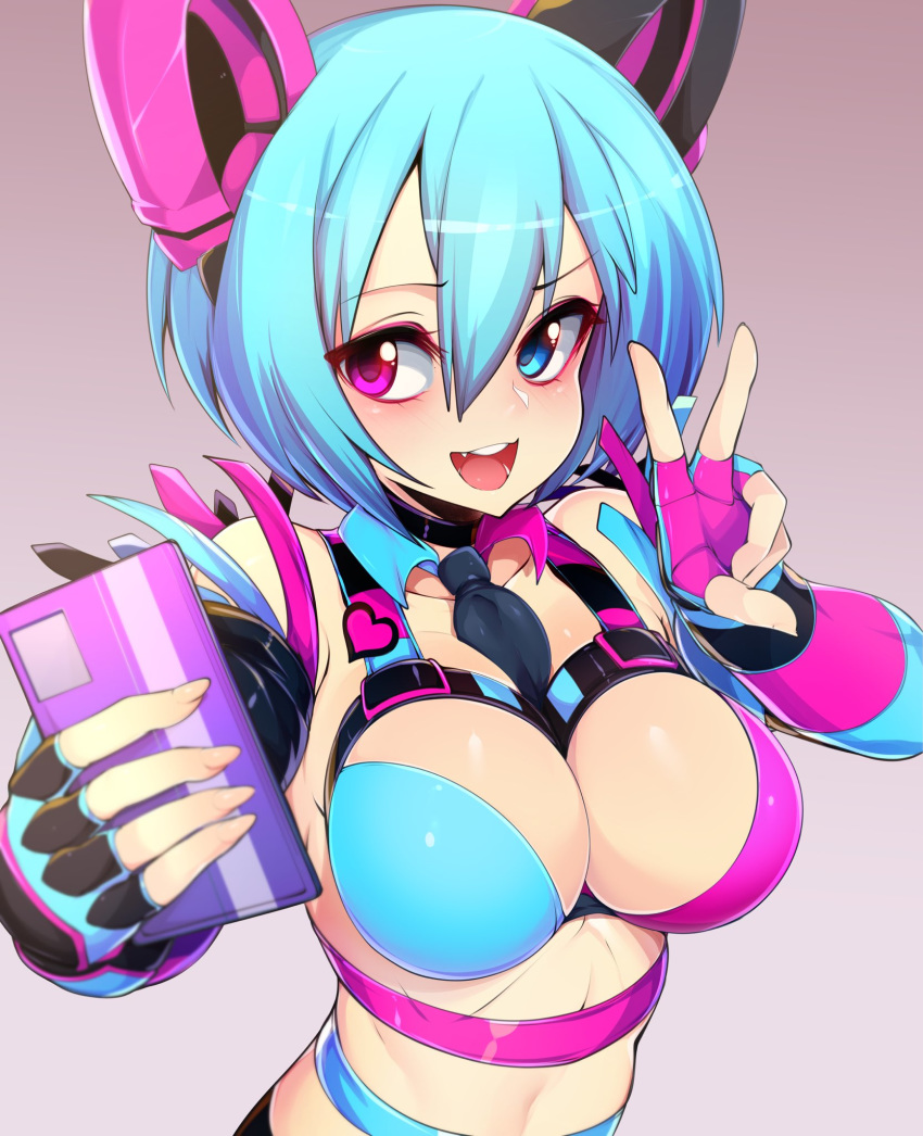 1girl, between_breasts, black_neckwear, blue_eyes, blue_hair, breasts, brown_background, cellphone, fingerless_gloves, gloves, gradient, gradient_background, hair_between_eyes, heterochromia, highres, holding, holding_phone, large_breasts, looking_at_viewer, multicolored, multicolored_clothes, multicolored_gloves, necktie, necktie_between_breasts, open_mouth, original, phone, pink_eyes, self_shot, short_hair, slugbox, smile, solo, upper_teeth, v, vomi_agogo