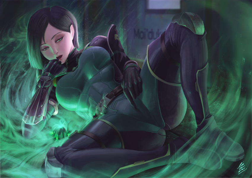 1girl, arm_support, artist_name, belt, black_hair, black_legwear, bodysuit, boots