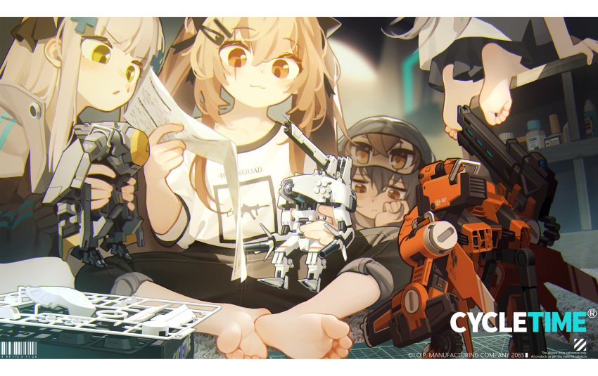 404_(girls_frontline), absurdres, bangs, barefoot, blurry, blurry_background, brown_eyes, brown_hair, closed_mouth, doppelsoldner_(girls_frontline), facial_mark, feet, g11_(girls_frontline), girls_frontline, green_eyes, grey_hair, hair_ornament, hairclip, hand_on_own_cheek, highres, hk416_(girls_frontline), long_hair, long_sleeves, model, model_kit, paradeus, scar, scar_across_eye, shirt, sidelocks, silver_hair, sitting, smile, soles, tianliang_duohe_fangdongye, ump45_(girls_frontline), ump9_(girls_frontline), younger