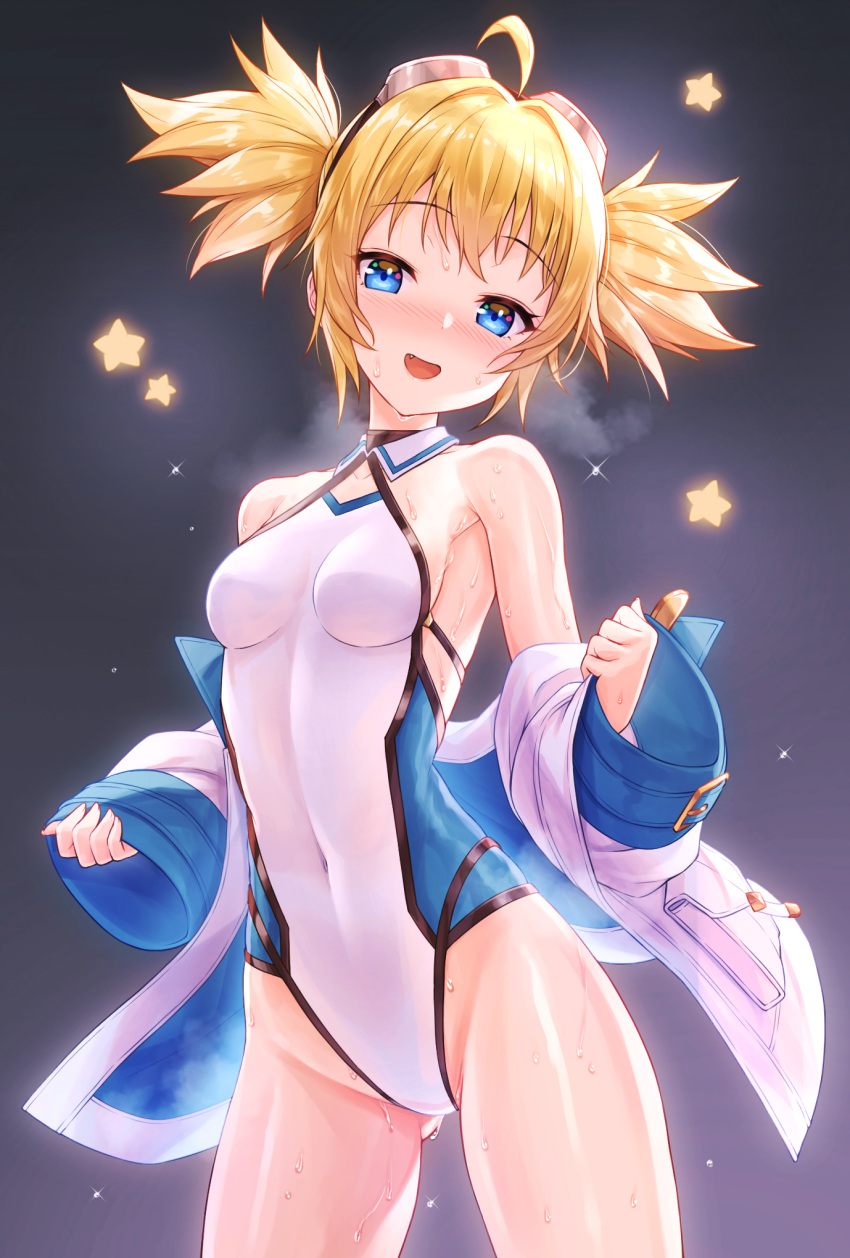 1girl, :d, ahoge, ass_visible_through_thighs, bangs, bare_shoulders, blonde_hair, blue_eyes
