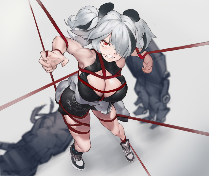 1girl, absurdres, animal_ears, arknights, aspirine4832, between_breasts, black_hair, breasts