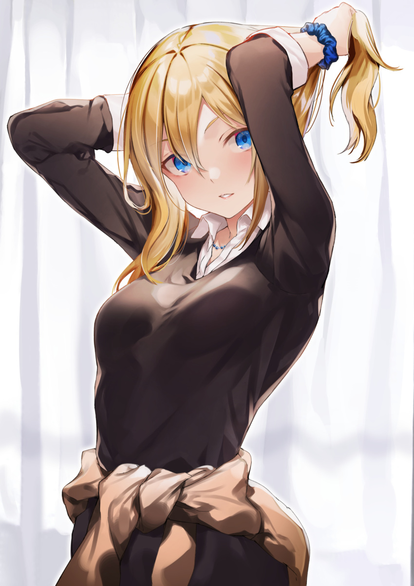 1girl, absurdres, arms_up, blonde_hair, blue_eyes, blue_scrunchie, brown_cardigan, cardigan_around_waist