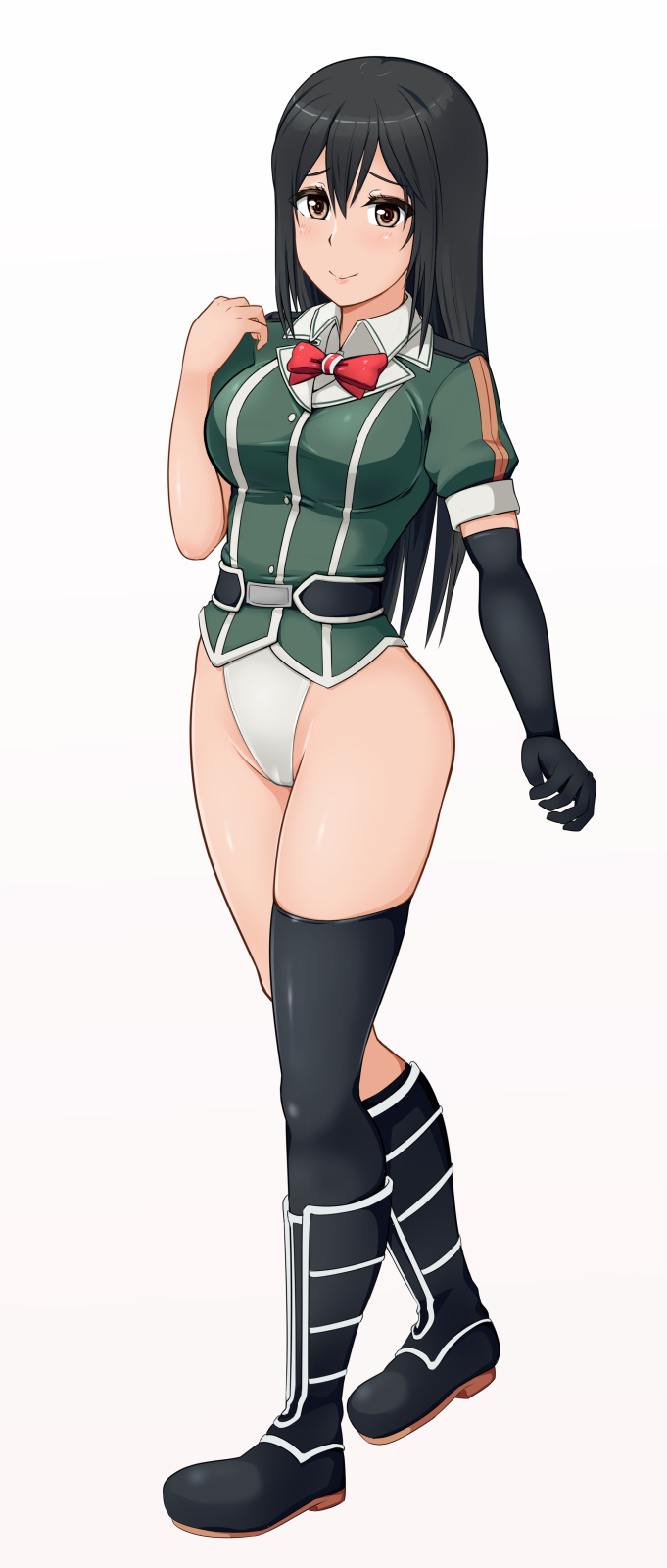1girl, black_eyes, black_footwear, black_hair, black_legwear, boots, breasts, chikuma_(kantai_collection)