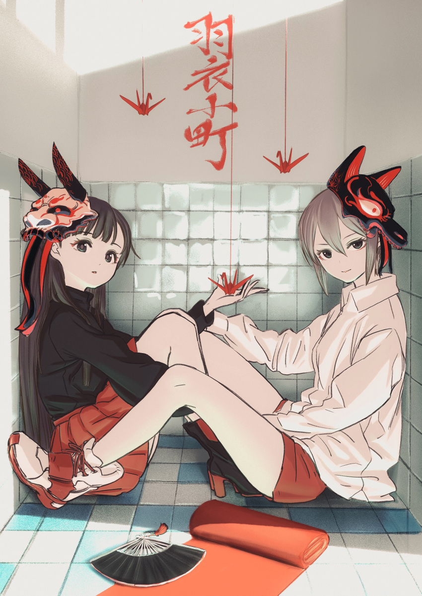 2girls, absurdres, bangs, black_hair, black_shirt, collared_shirt, commentary_request, deg_(deguana)