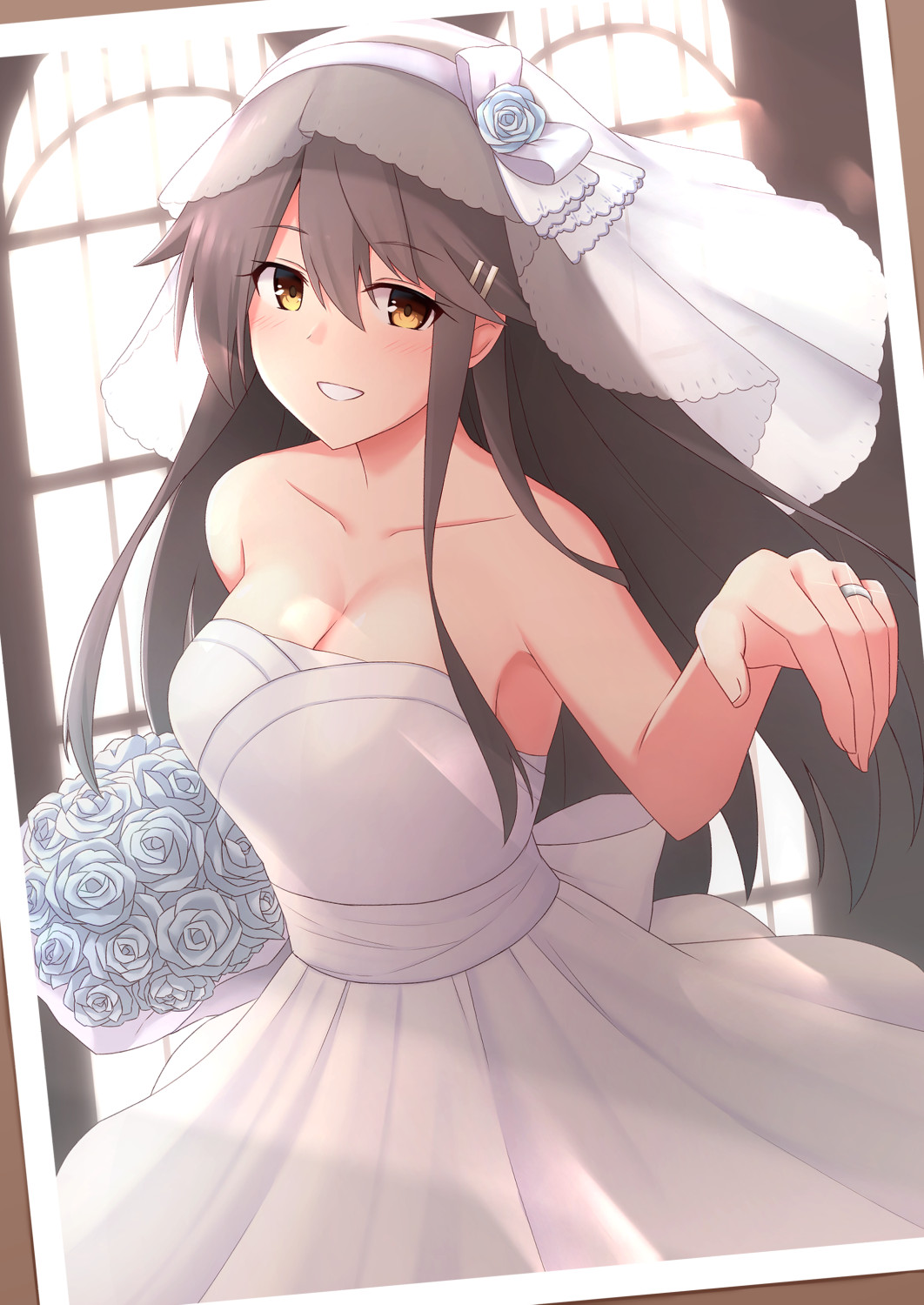 1girl, akahi242, alternate_costume, bouquet, breasts, bridal_veil, bride, brown_eyes