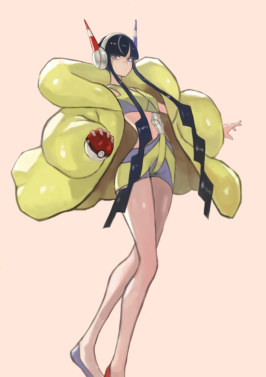 1girl, absurdres, black_hair, coat, crop_top, gym_leader, headphones, highres