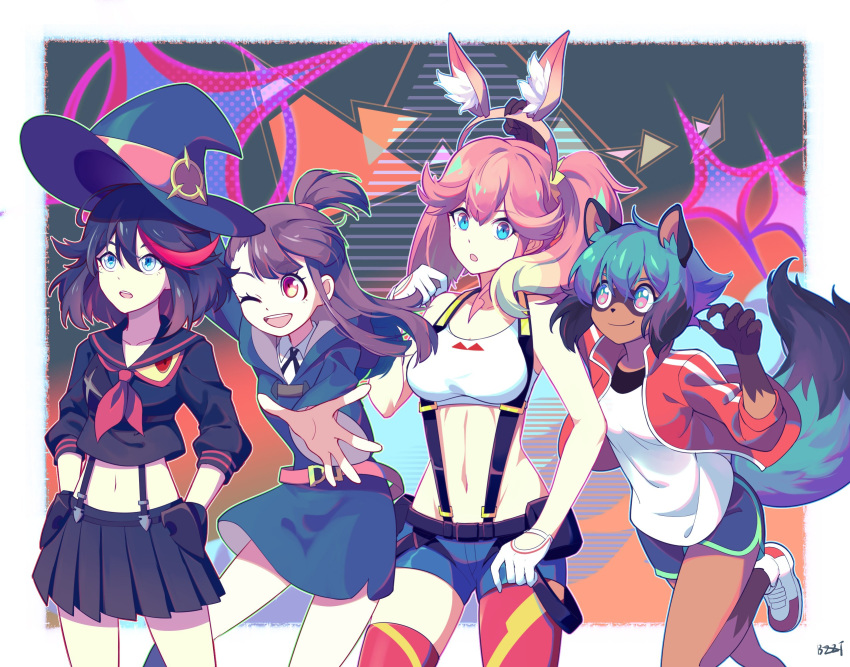 abstract_background, aina_ardebit, animal_ear_fluff, animal_ears, asymmetrical_legwear, belt, black_hair, black_skirt