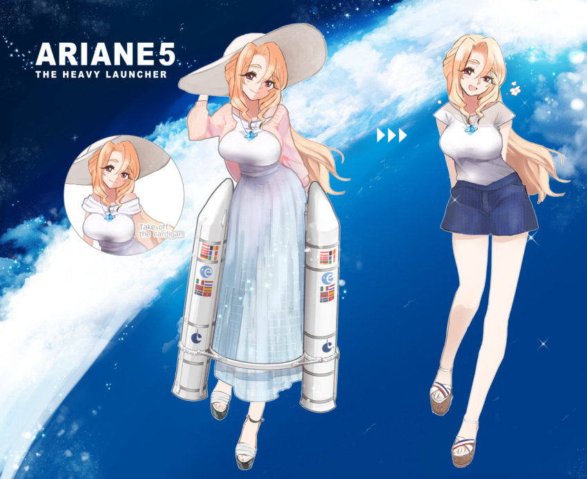 1girl, :d, ajisai-san_(pokkusu), ariane_5, ariane_5_(project_rocket_girls), arianespace, arms_behind_back, austrian_flag