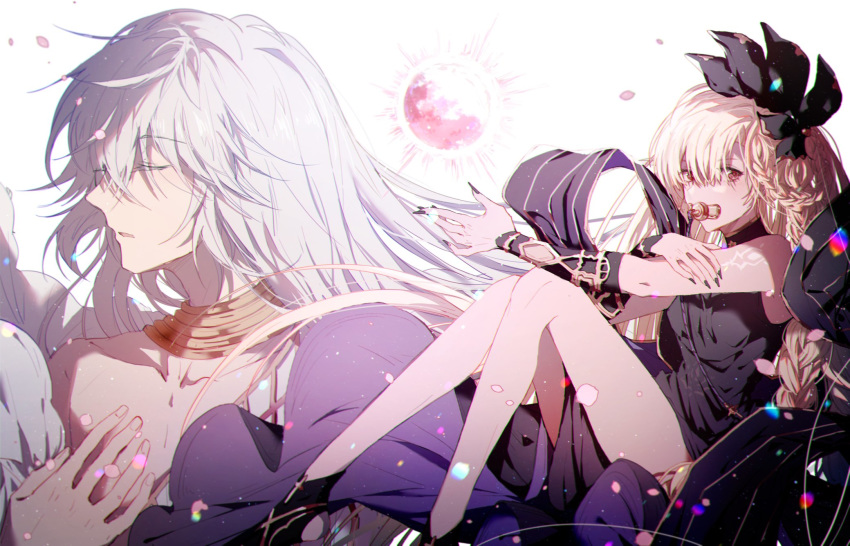 1boy, 1girl, bangs, black_dress, blonde_hair, braid, closed_eyes, dark_skin