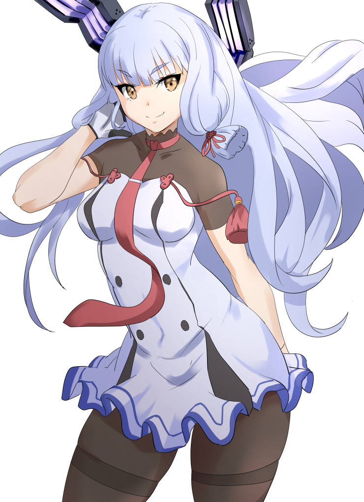 1girl, bangs, blunt_bangs, breasts, dress, hair_ribbon, headgear, kantai_collection