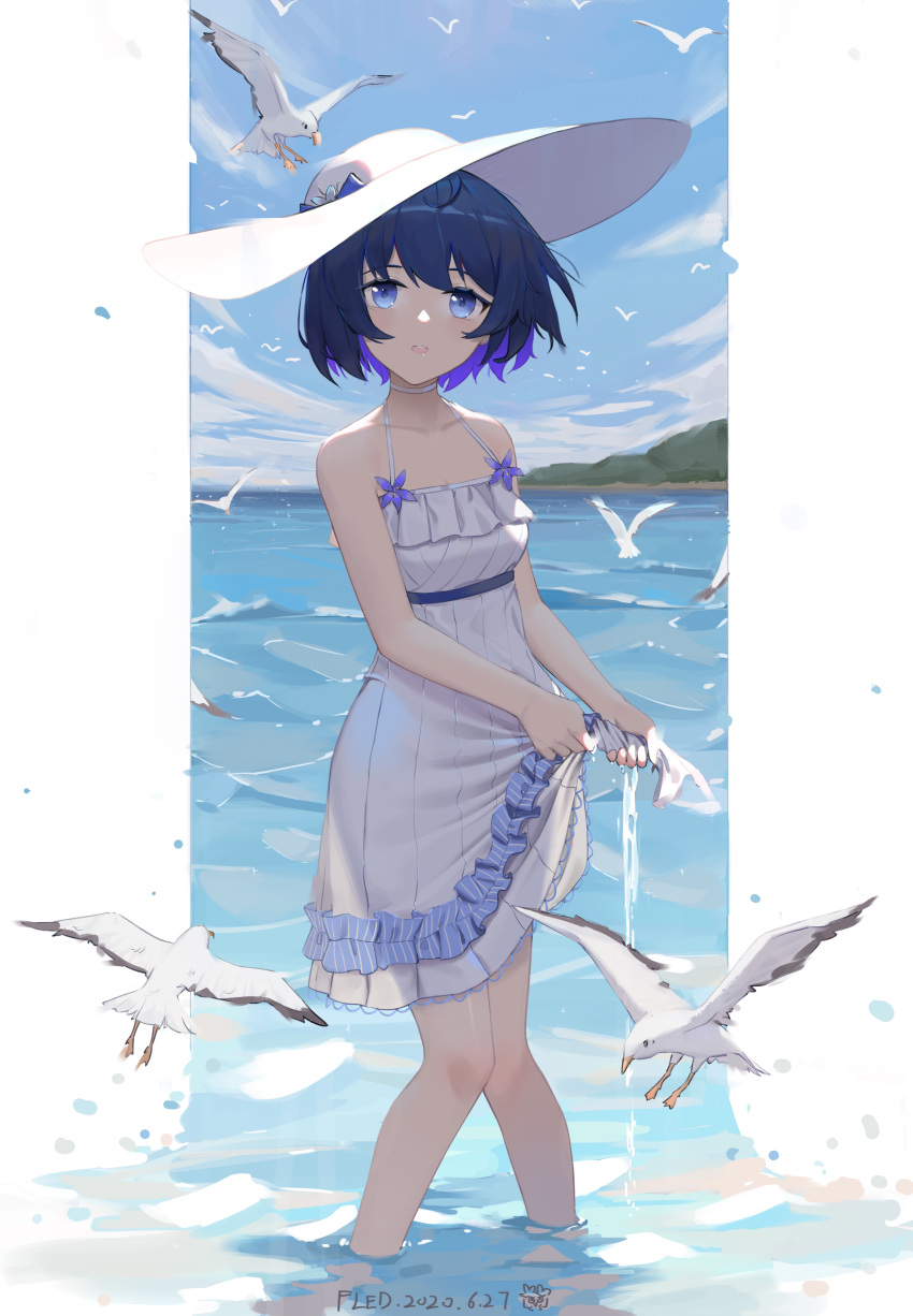 1girl, absurdres, artist_name, backlighting, bare_arms, bare_shoulders, bird, black_hair