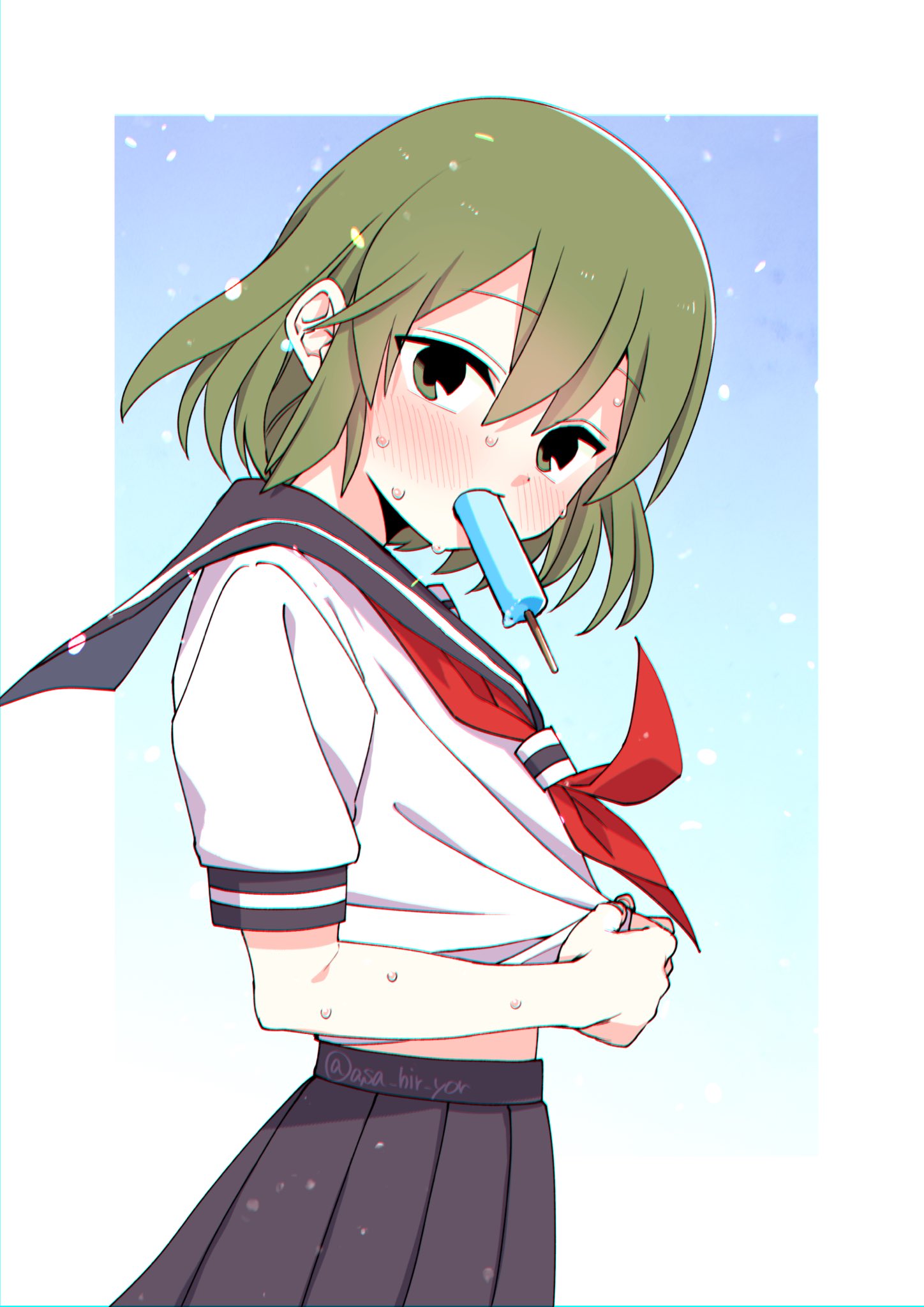 1girl, asa_hir_yor, blush, dripping, eating, food, food_in_mouth, green_eyes, green_hair, highres, ice_cream, igarashi_futaba_(shiromanta), looking_at_viewer, midriff, mouth_hold, neckerchief, pleated_skirt, popsicle, sailor_collar, school_uniform, senpai_ga_uzai_kouhai_no_hanashi, serafuku, shirt, short_hair, skirt, solo, sweat, younger