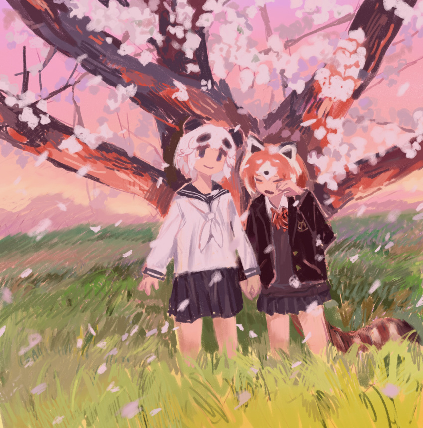 2girls, absurdres, alternate_costume, animal_ears, arms_at_sides, black_hair, black_jacket, black_sailor_collar