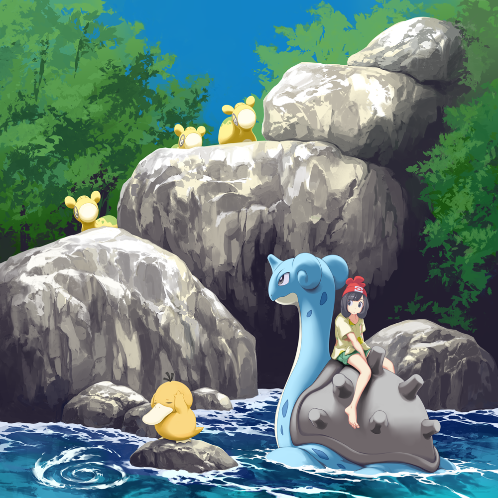 1girl, bangs, barefoot, beanie, black_hair, commentary_request, day, eyelashes, feet, gen_1_pokemon, gen_3_pokemon, green_shorts, hat, lapras, looking_to_the_side, medium_hair, mizuki_(pokemon), mk_(mikka), numel, outdoors, pokemon, pokemon_(creature), pokemon_(game), pokemon_sm, psyduck, red_headwear, riding_pokemon, rock, shiny, shiny_hair, shirt, short_sleeves, shorts, surf_(pokemon), swept_bangs, tied_shirt, toes, tree, water