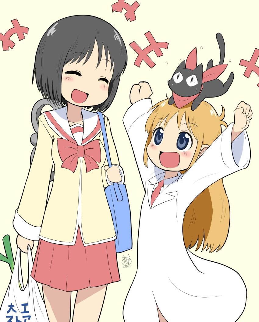 1other, 2girls, absurdres, animal_on_head, bag, black_cat, black_hair, blonde_hair, blue_eyes, cat, cat_on_head, closed_eyes, cowboy_shot, groceries, highres, labcoat, long_hair, multiple_girls, nichijou, on_head, open_mouth, pleated_skirt, professor_shinonome, red_skirt, sailor_collar, sakamoto_(nichijou), school_bag, school_uniform, shinonome_nano, short_hair, simple_background, skirt, smile, standing, tokisadame_school_uniform, white_background, white_sailor_collar, winding_key, zakkin_(zakkinman)