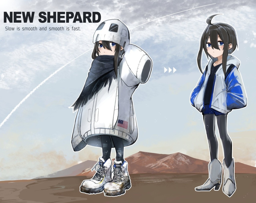 1girl, :<, ahoge, ajisai-san_(pokkusu), america, american_flag, beanie, black_hair, black_legwear, black_neckwear, black_shirt, blue_eyes, blue_origin, blue_shorts, blurry, blush, bokeh, bomber_jacket, boots, character_sheet, collarbone, condensation_trail, corn_ranch, cowboy_boots, depth_of_field, desert, dirt, dirty, dirty_clothes, dirty_footwear, dust_cloud, english_text, flag_print, flat_chest, full_body, hair_between_eyes, hand_up, hands_in_pockets, hat, hood, hood_down, hooded_jacket, jacket, leggings, legwear_under_shorts, looking_at_viewer, mountain, mountainous_horizon, multicolored, multicolored_clothes, multicolored_headwear, new_shepard, new_shepard_(project_rocket_girls), outdoors, outline, oversized_clothes, pantyhose, poncho, print_headwear, print_jacket, project_rocket_girls, shiny, shiny_hair, shirt, short_hair, short_shorts, shorts, sidelocks, sky, sleeves_past_fingers, sleeves_past_wrists, t-shirt, texas, torn_clothes, torn_legwear, two-tone_headwear, two-tone_jacket, v-neck, variations, white_footwear, white_jacket, zipper