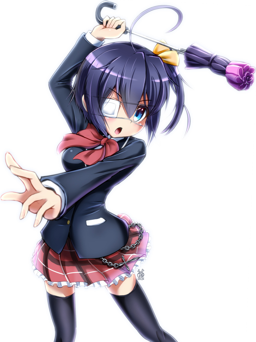 1girl, absurdres, ahoge, black_hair, black_legwear, blazer, blue_eyes, chain