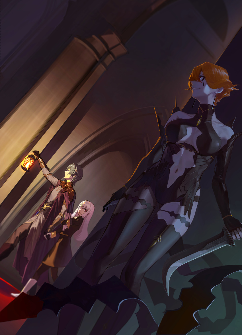 1boy, 2girls, absurdres, armor, black_gloves, blue_hair, book, breasts