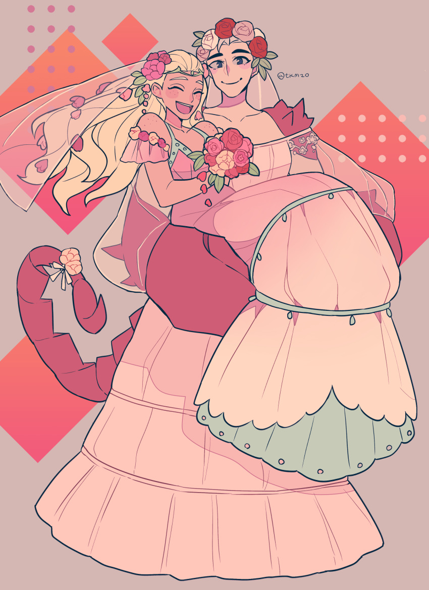 2girls, absurdres, blonde_hair, bouquet, bridal_veil, carrying, closed_eyes, dress