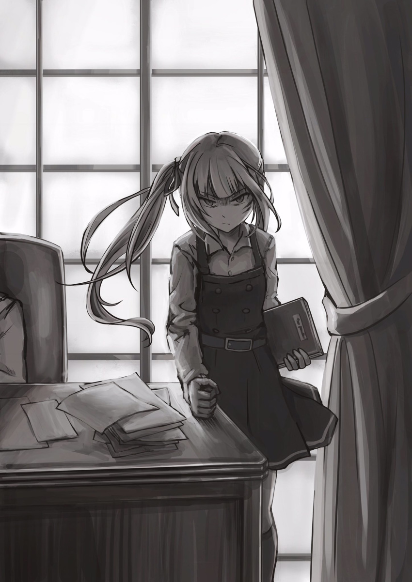 1girl, bangs, book, chair, clenched_hand, commentary_request, curtains, desk
