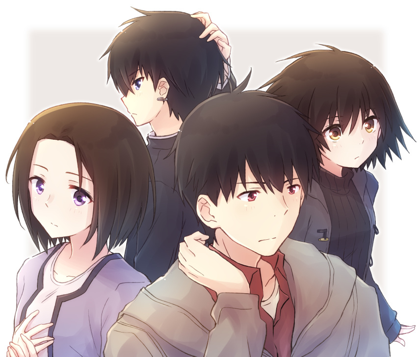 2boys, 2girls, absurdres, black_hair, blue_eyes, brown_eyes, gakuran, hayakawa_rou