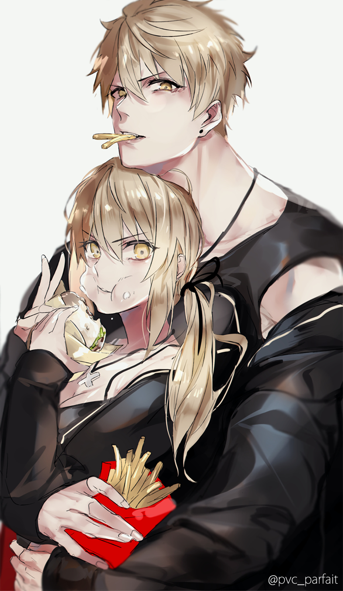 1boy, 1girl, alternate_costume, alternate_design, arthur_pendragon_(fate), artoria_pendragon_(all), bangs, black_jacket
