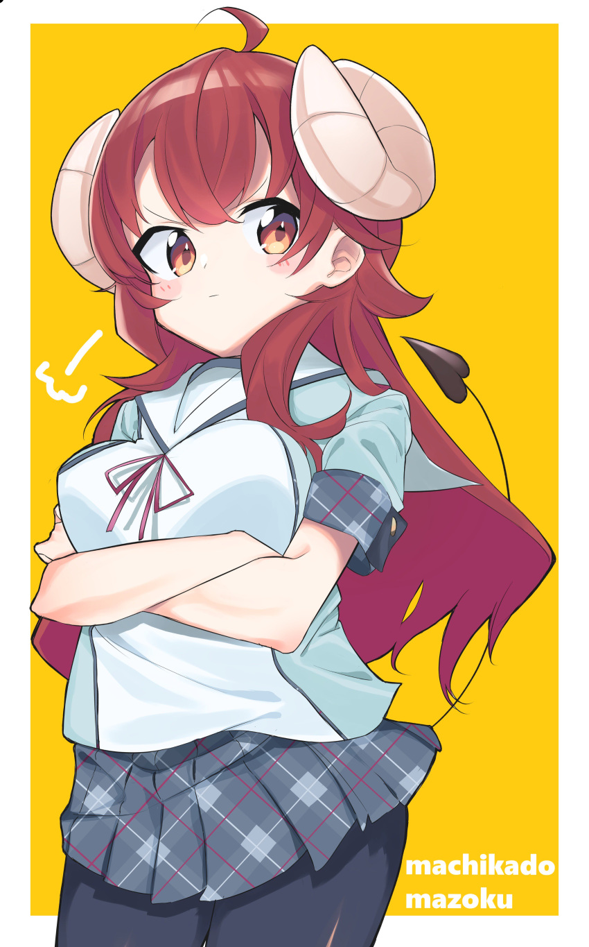 1girl, absurdres, ahoge, blush, brown_eyes, brown_hair, copyright_name, curled_horns