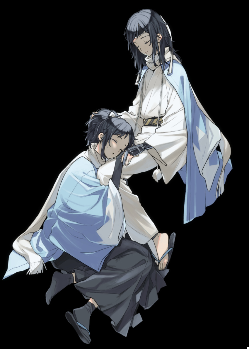 2boys, black_background, black_hair, bridal_gauntlets, closed_eyes, dual_persona, hakama, haori