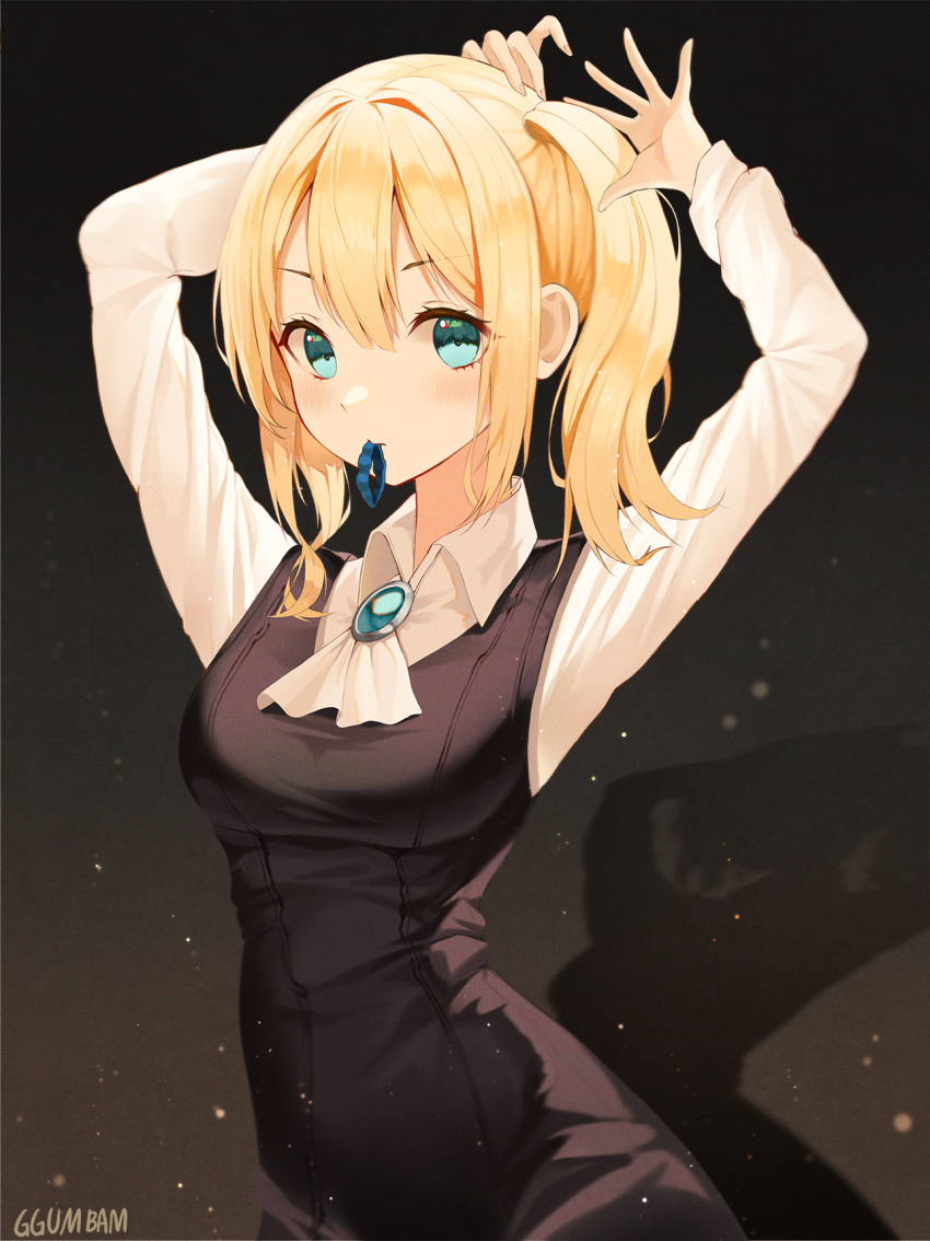 1girl, black_dress, blonde_hair, blue_eyes, blue_scrunchie, blush, collared_shirt, dress