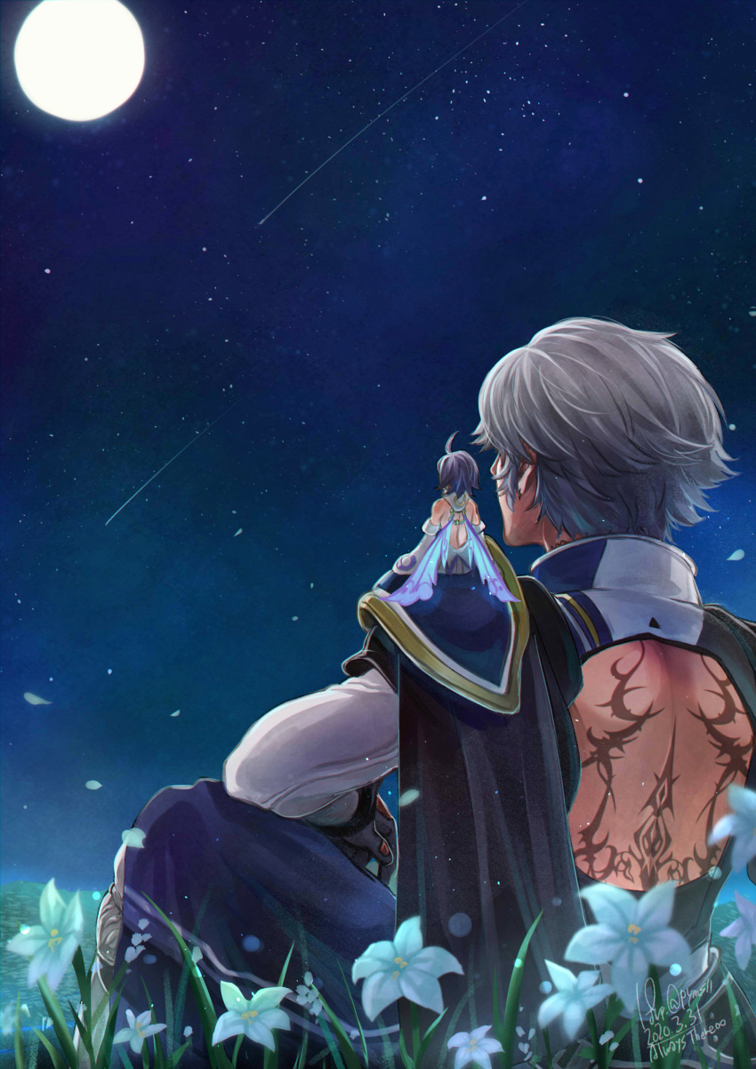 absurdres, ahoge, back_tattoo, bare_back, blurry, commentary_request, dated, depth_of_field