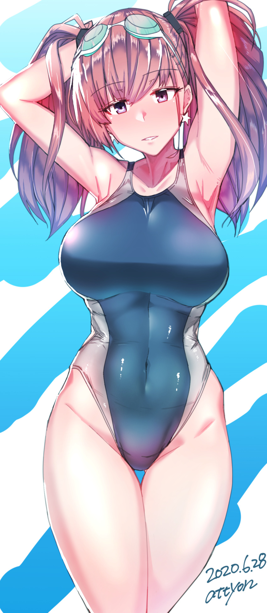 1girl, absurdres, armpits, arms_behind_head, arms_up, atlanta_(kantai_collection), blue_swimsuit, breasts