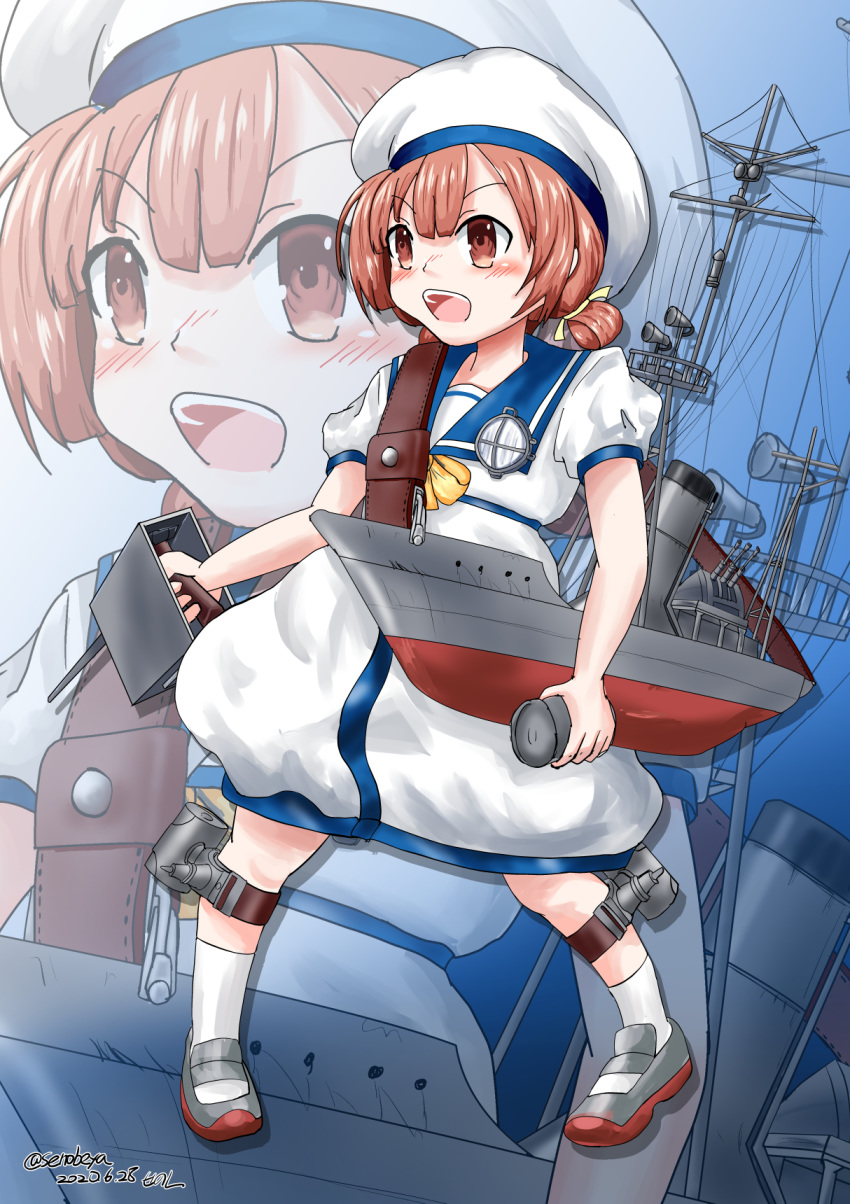 1girl, adapted_turret, blue_background, brown_eyes, cannon, commentary_request, dated, depth_charge