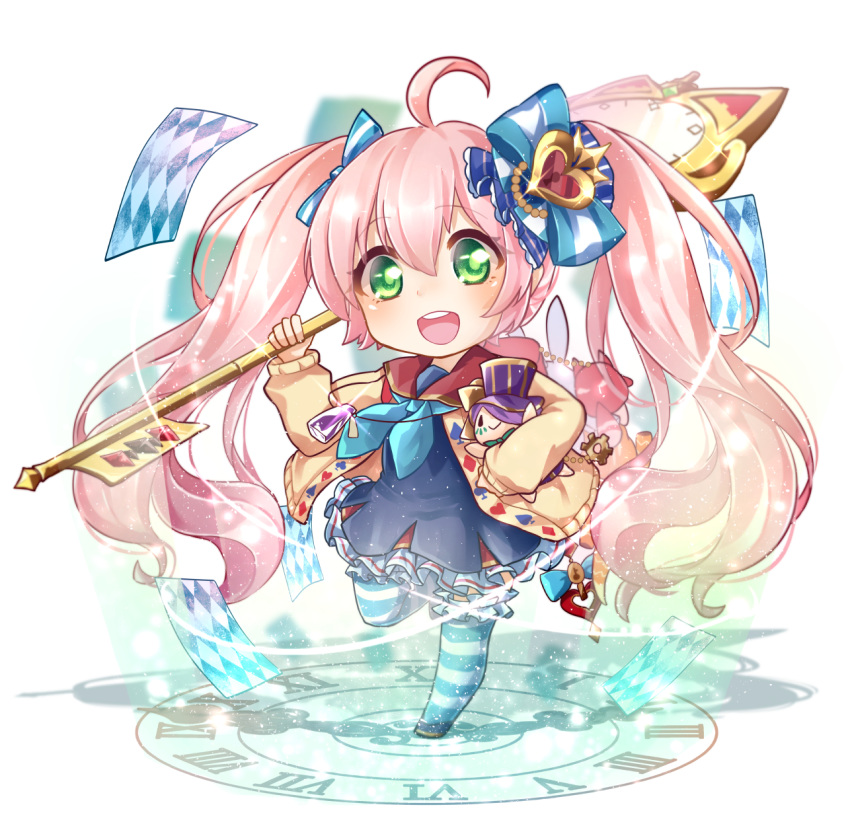 1girl, ahoge, bangs, bow, card, character_doll, clock, club_(shape)