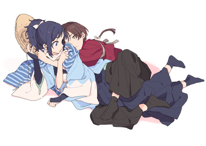 2boys, ajirogasa, black_hair, blue_eyes, bridal_gauntlets, brown_hair, hakama, haori